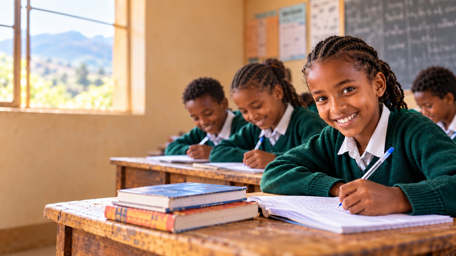 Ethiopian students writing and learning together in a bright classroom