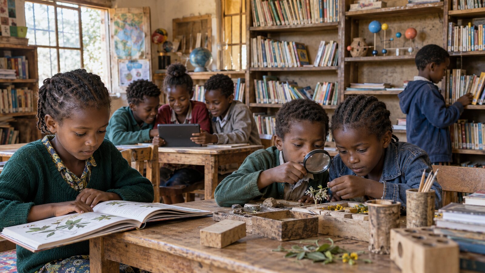 Students using books and science resources in a rural school library