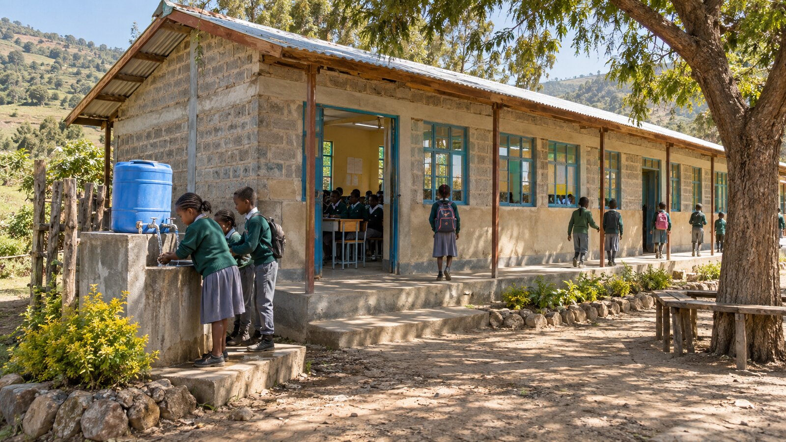 Students using a safe and functional rural school environment
