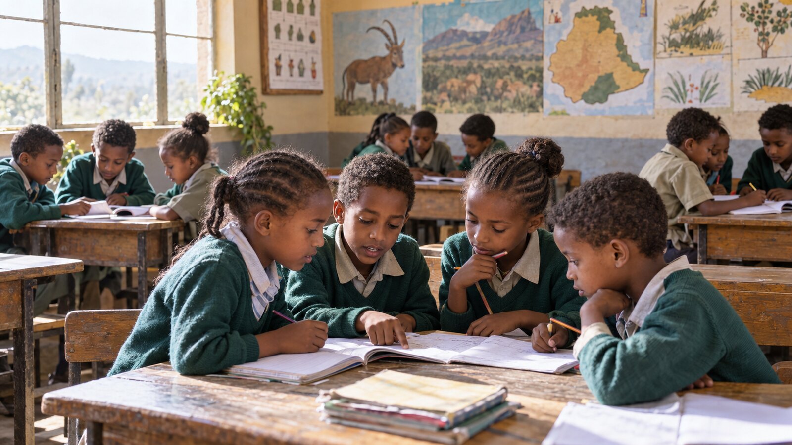 Students collaborating on schoolwork in an Ethiopian classroom